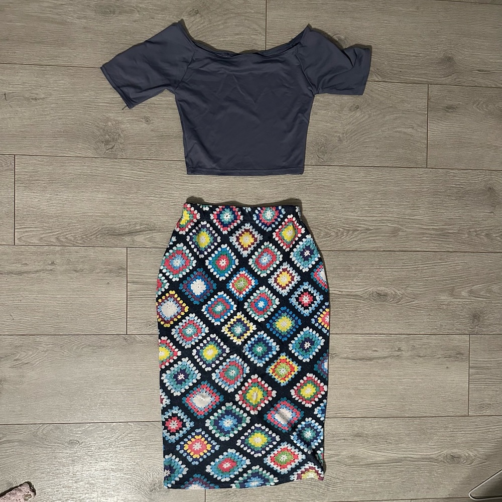 Blackmilk Set Crotchet Print Bodycon Skirt and Crop Top XS / XXS Stretch Sample